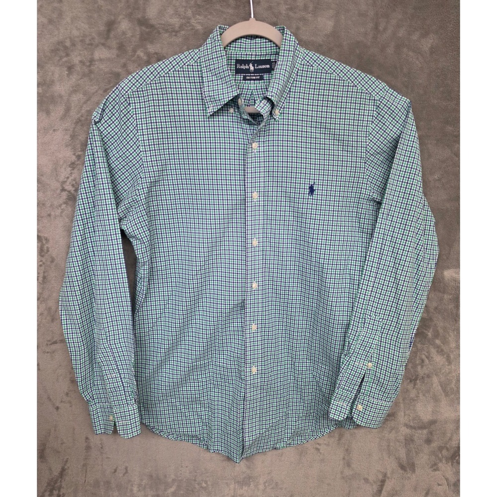 Ralph Lauren Mens Custom Fit Gingham Button Down Shirt Blue Green Medium